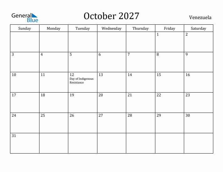 October 2027 Calendar Venezuela