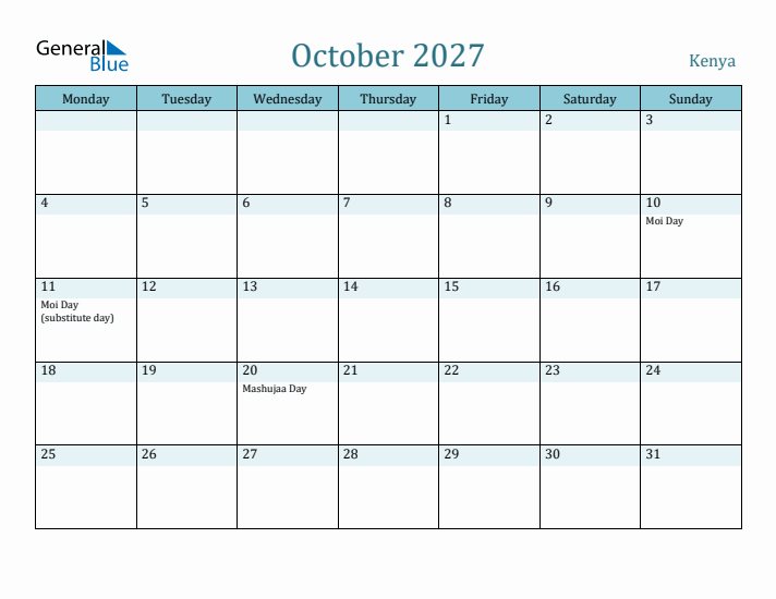 October 2027 Calendar with Holidays