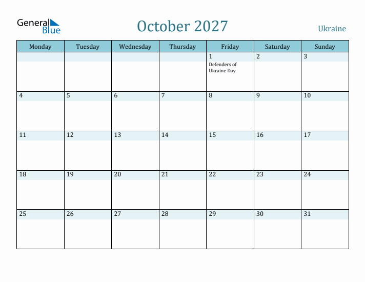 October 2027 Calendar with Holidays