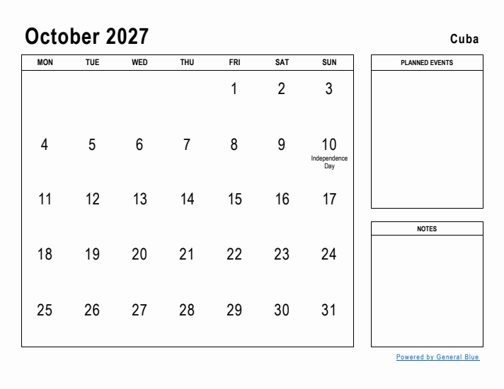 October 2027 Printable Monthly Calendar with Cuba Holidays