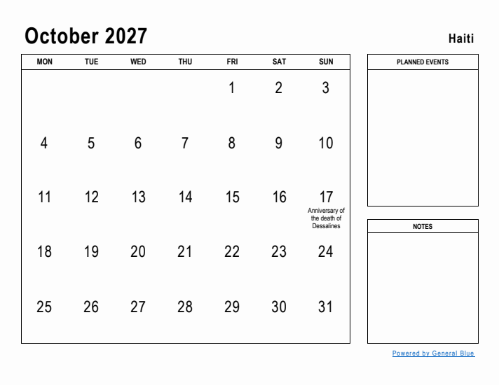 October 2027 Printable Monthly Calendar with Haiti Holidays