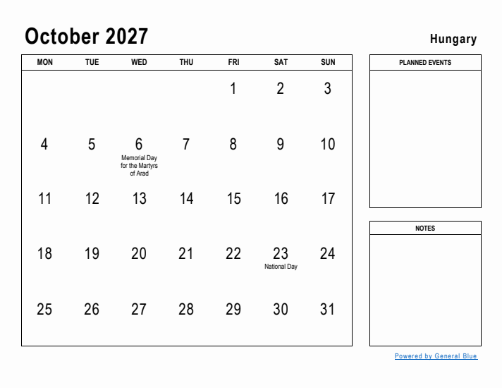 October 2027 Printable Monthly Calendar with Hungary Holidays