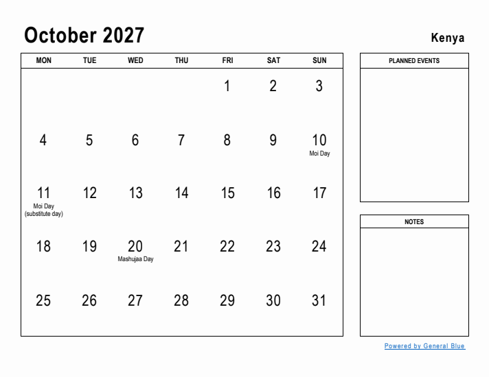 October 2027 Printable Monthly Calendar with Kenya Holidays