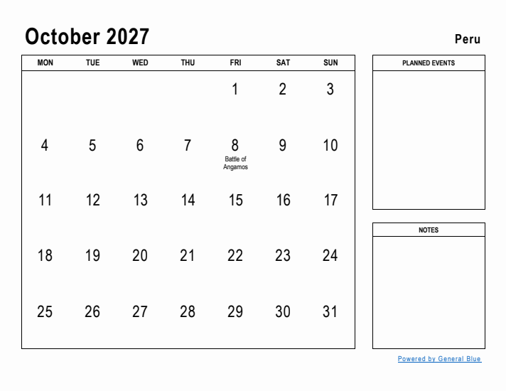 October 2027 Printable Monthly Calendar with Peru Holidays