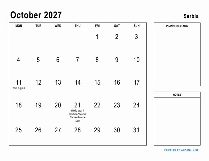 October 2027 Printable Monthly Calendar with Serbia Holidays