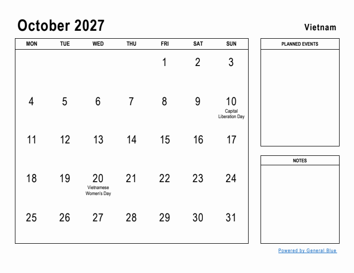 October 2027 Printable Monthly Calendar with Vietnam Holidays