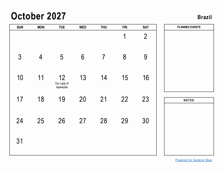 October 2027 Printable Monthly Calendar with Brazil Holidays