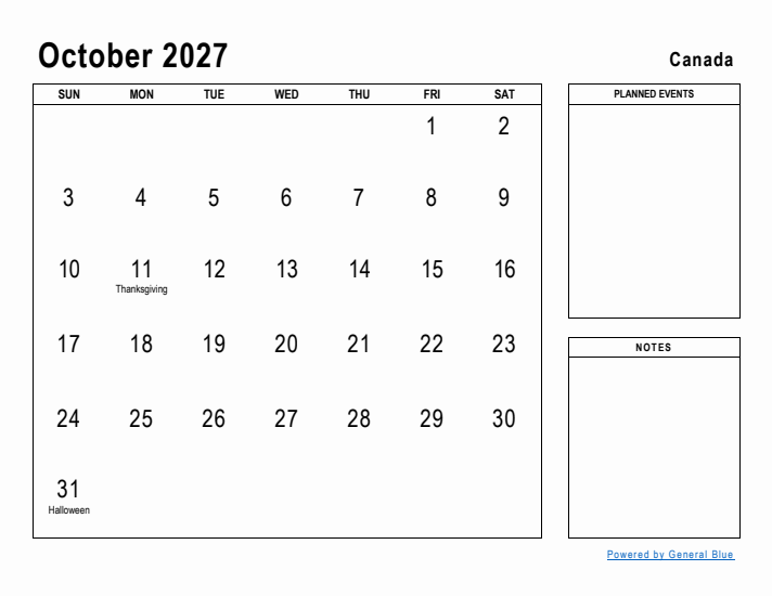 October 2027 Printable Monthly Calendar with Canada Holidays