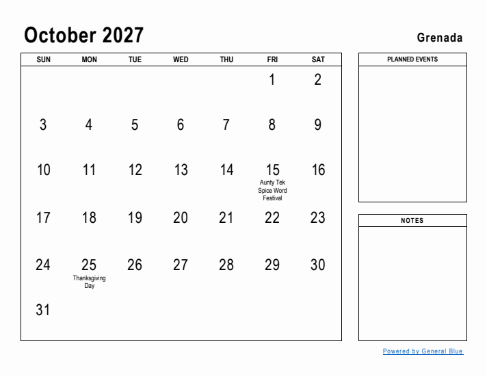 October 2027 Printable Monthly Calendar with Grenada Holidays