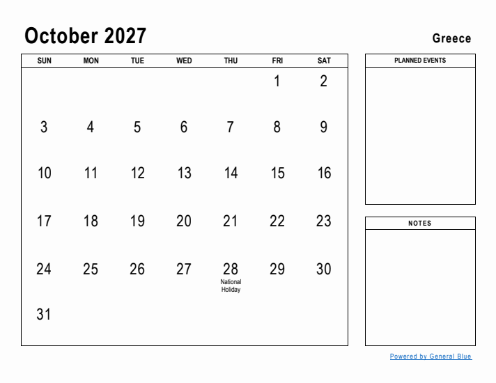 October 2027 Printable Monthly Calendar with Greece Holidays