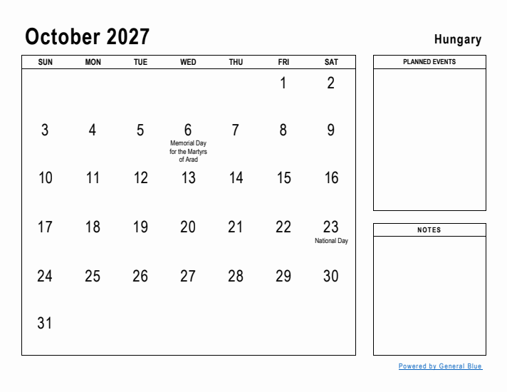 October 2027 Printable Monthly Calendar with Hungary Holidays