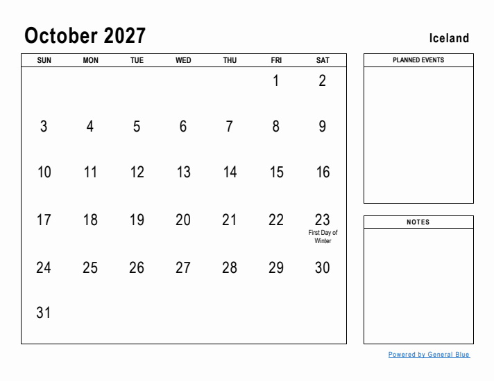 October 2027 Printable Monthly Calendar with Iceland Holidays