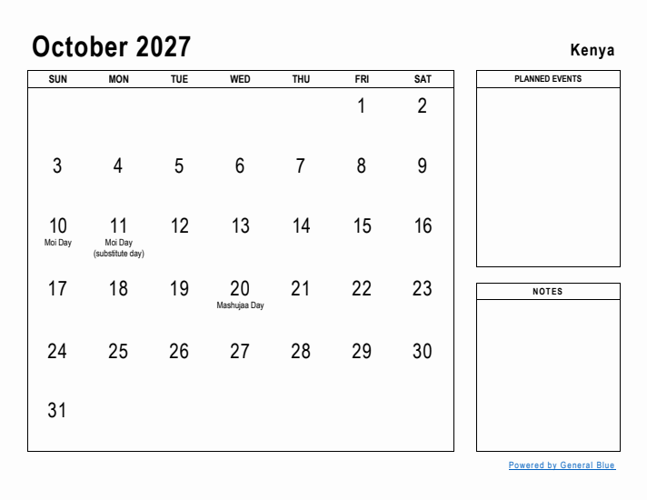 October 2027 Printable Monthly Calendar with Kenya Holidays