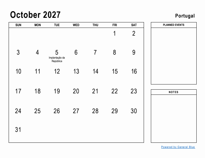 October 2027 Printable Monthly Calendar with Portugal Holidays