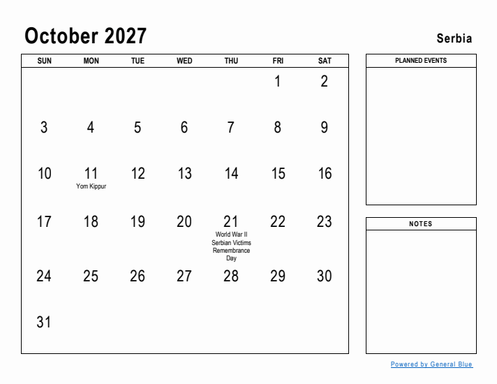 October 2027 Printable Monthly Calendar with Serbia Holidays