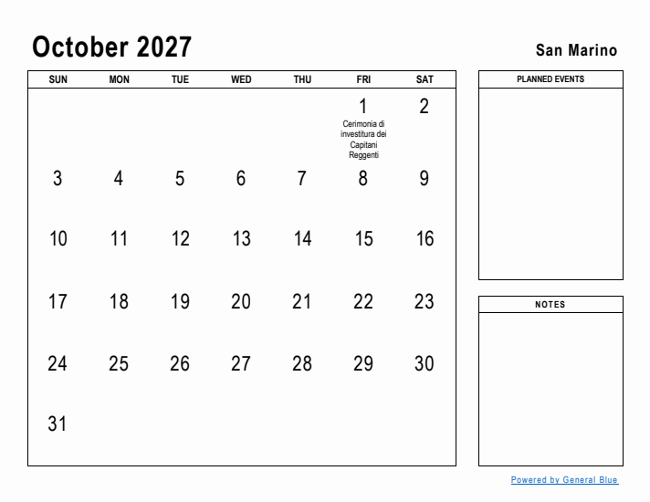 October 2027 Printable Monthly Calendar with San Marino Holidays