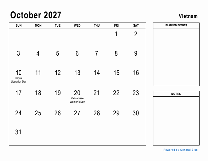 October 2027 Printable Monthly Calendar with Vietnam Holidays