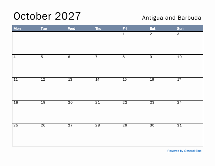 October 2027 Simple Monthly Calendar for Antigua and Barbuda