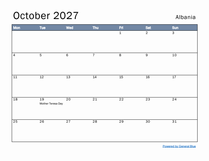 October 2027 Simple Monthly Calendar for Albania