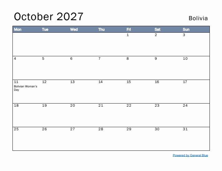 October 2027 Simple Monthly Calendar for Bolivia