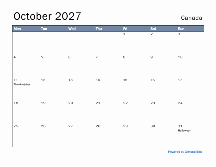 October 2027 Simple Monthly Calendar for Canada