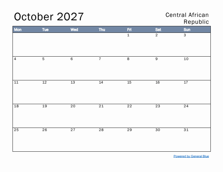 October 2027 Simple Monthly Calendar for Central African Republic