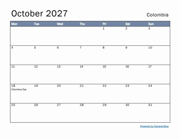 October 2027 Simple Monthly Calendar for Colombia