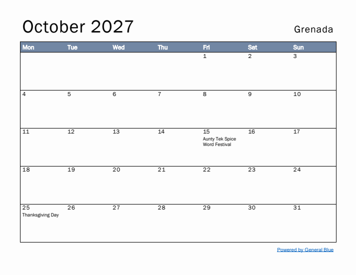 October 2027 Simple Monthly Calendar for Grenada