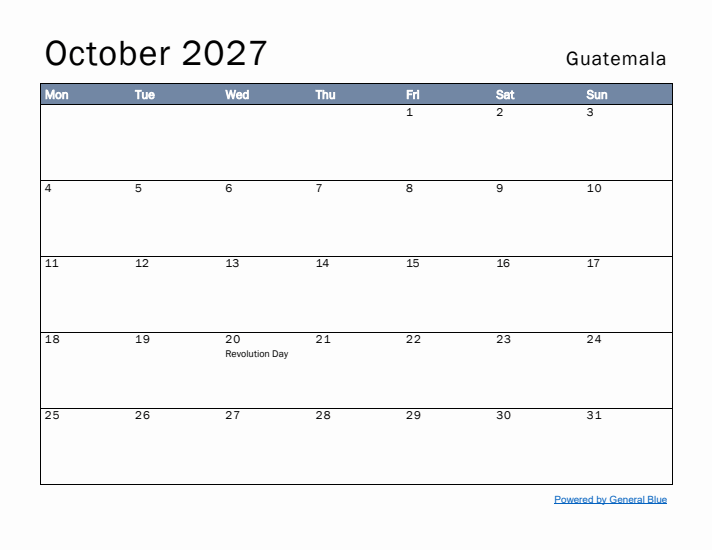 October 2027 Simple Monthly Calendar for Guatemala