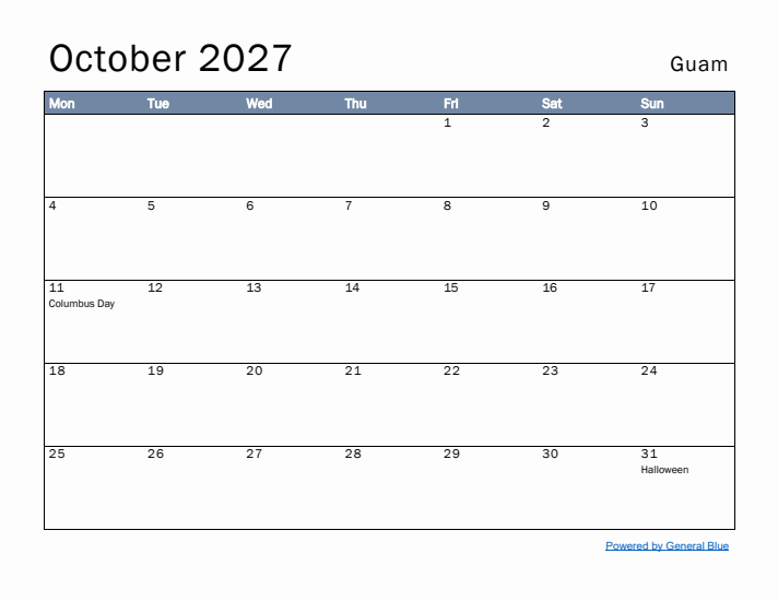 October 2027 Simple Monthly Calendar for Guam