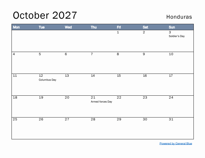 October 2027 Simple Monthly Calendar for Honduras