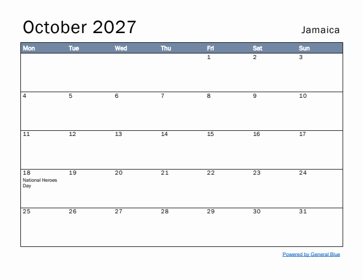 October 2027 Simple Monthly Calendar for Jamaica