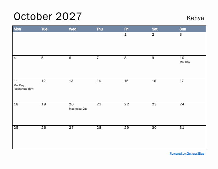 October 2027 Simple Monthly Calendar for Kenya