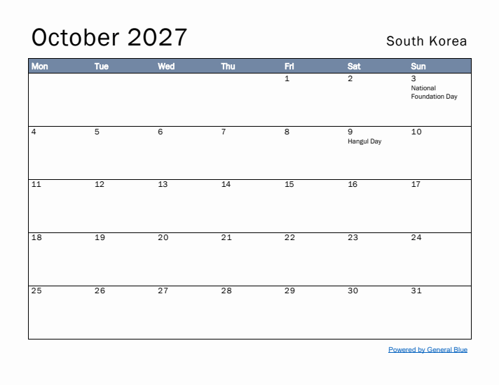 October 2027 Simple Monthly Calendar for South Korea