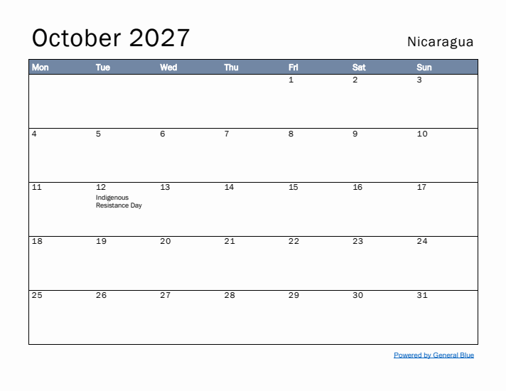 October 2027 Simple Monthly Calendar for Nicaragua