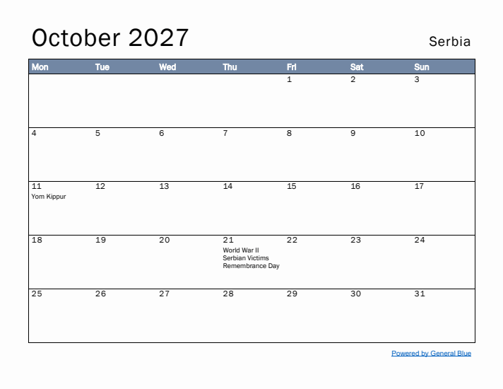 October 2027 Simple Monthly Calendar for Serbia