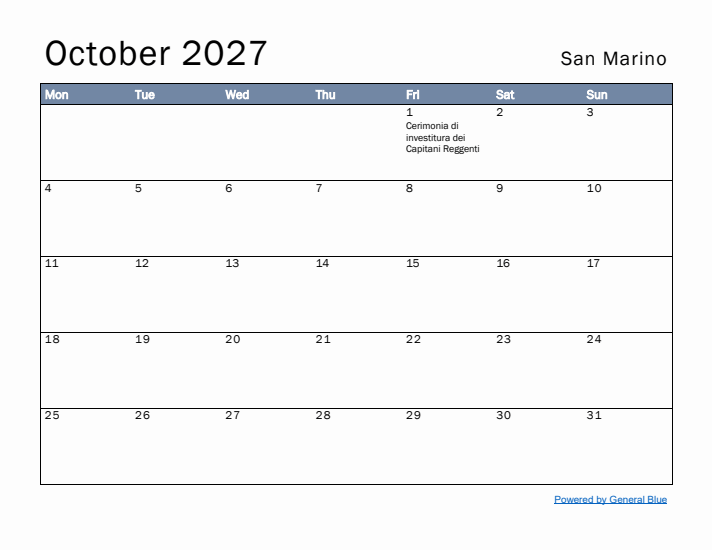 October 2027 Simple Monthly Calendar for San Marino