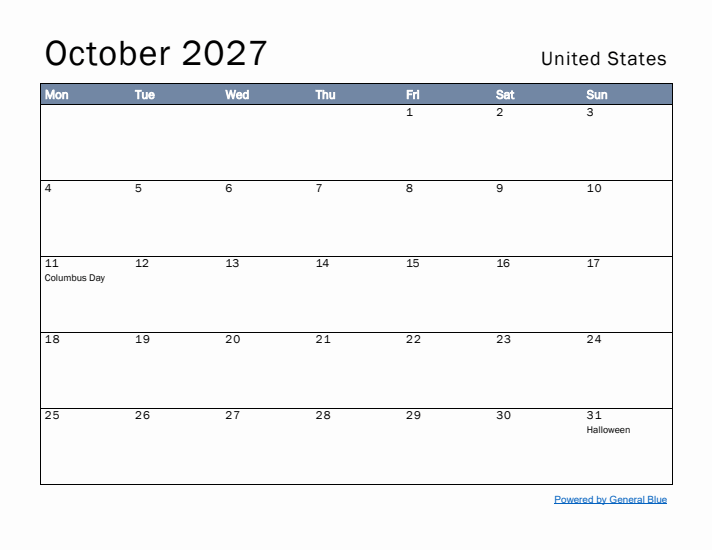 October 2027 Simple Monthly Calendar for United States