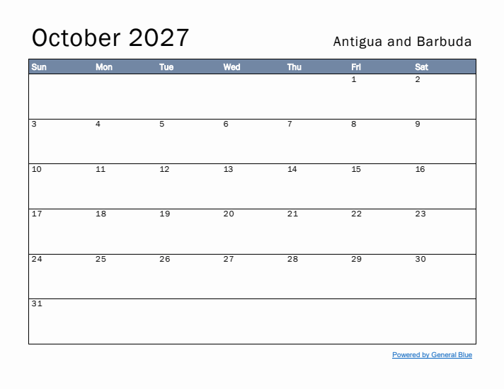 October 2027 Simple Monthly Calendar for Antigua and Barbuda