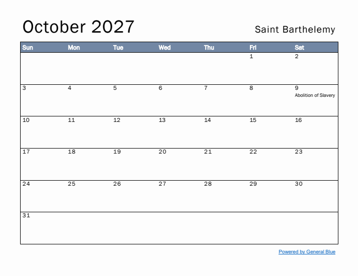 October 2027 Simple Monthly Calendar for Saint Barthelemy