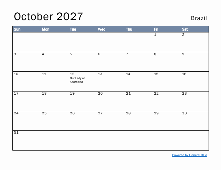 October 2027 Simple Monthly Calendar for Brazil