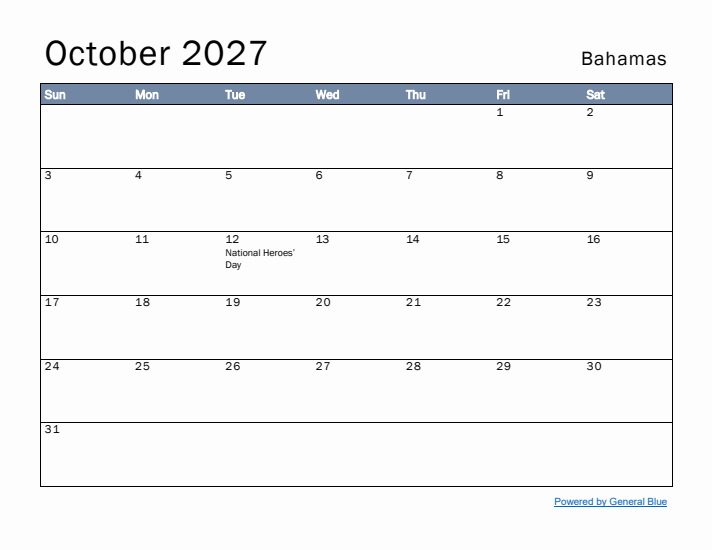 October 2027 Simple Monthly Calendar for Bahamas