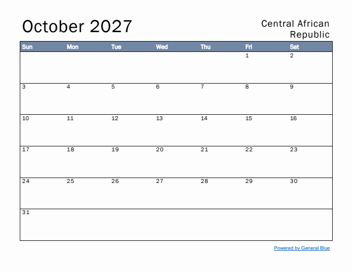 October 2027 Simple Monthly Calendar for Central African Republic