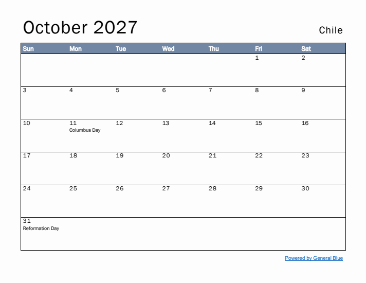 October 2027 Simple Monthly Calendar for Chile