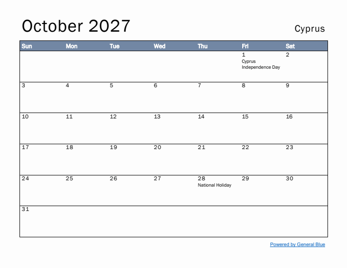 October 2027 Simple Monthly Calendar for Cyprus