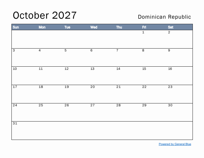 October 2027 Simple Monthly Calendar for Dominican Republic