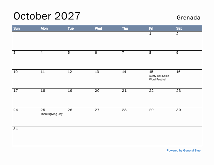 October 2027 Simple Monthly Calendar for Grenada