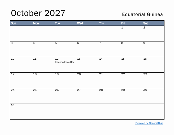 October 2027 Simple Monthly Calendar for Equatorial Guinea