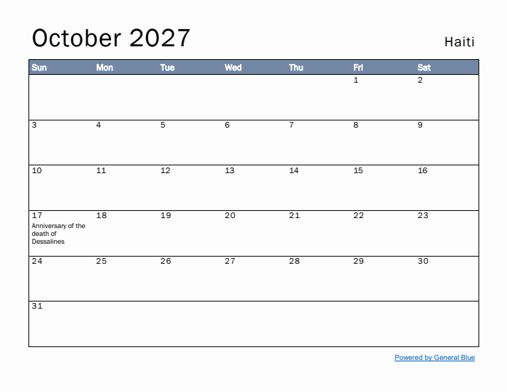 October 2027 Simple Monthly Calendar for Haiti