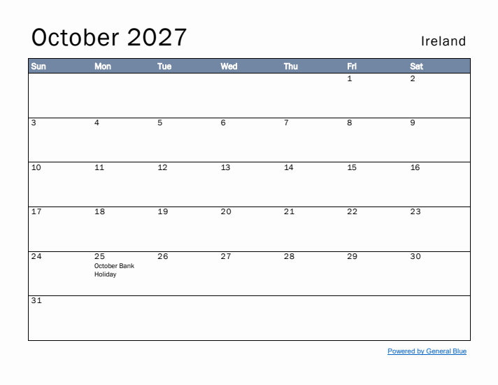 October 2027 Simple Monthly Calendar for Ireland